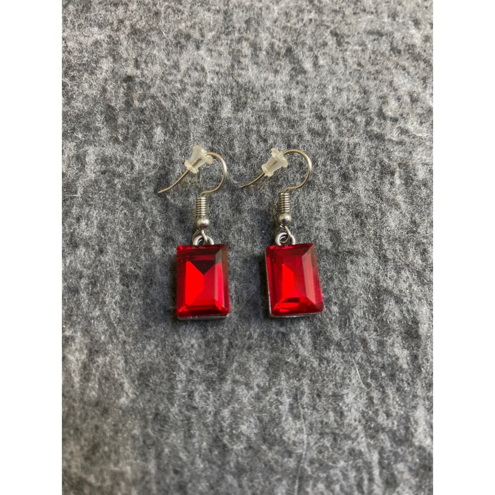 Womens Ruby Red Emerald Cut Rectangle Drop Earrings Silver Tone Fishhook Holiday